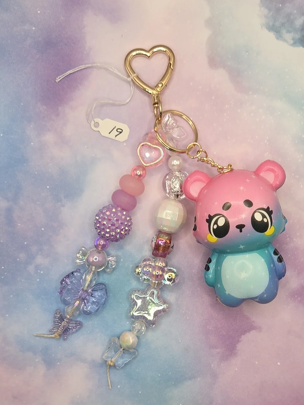 Pink & Teal Pastel Bear Keychain with Beaded Charms